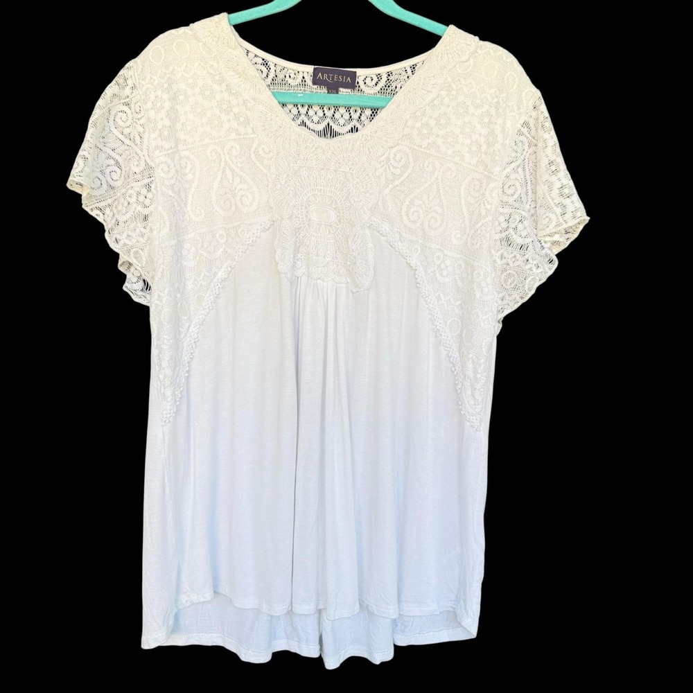 Artesia Blouse Womens XXL White Crochet Lace Flutter Sleeve Tunic Boho Top